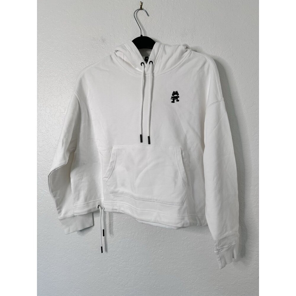 Monstercat Womens Pull Over Drawstring Crop White Hoodie Kangaroo Pockets Sz XL